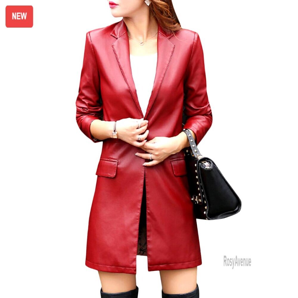 PU Leather Trench Coat Mid-Length Turn Down Collar Button Closure